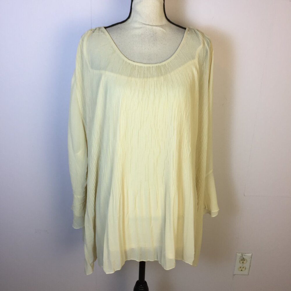 New! ADIVA Blouse Tunic Top 3X Plus Yellow Cream Pleated Bell Sleeve Lined